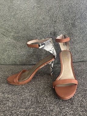 Seychelles Brown Leather & Snake-Print Ankle Strap Heels